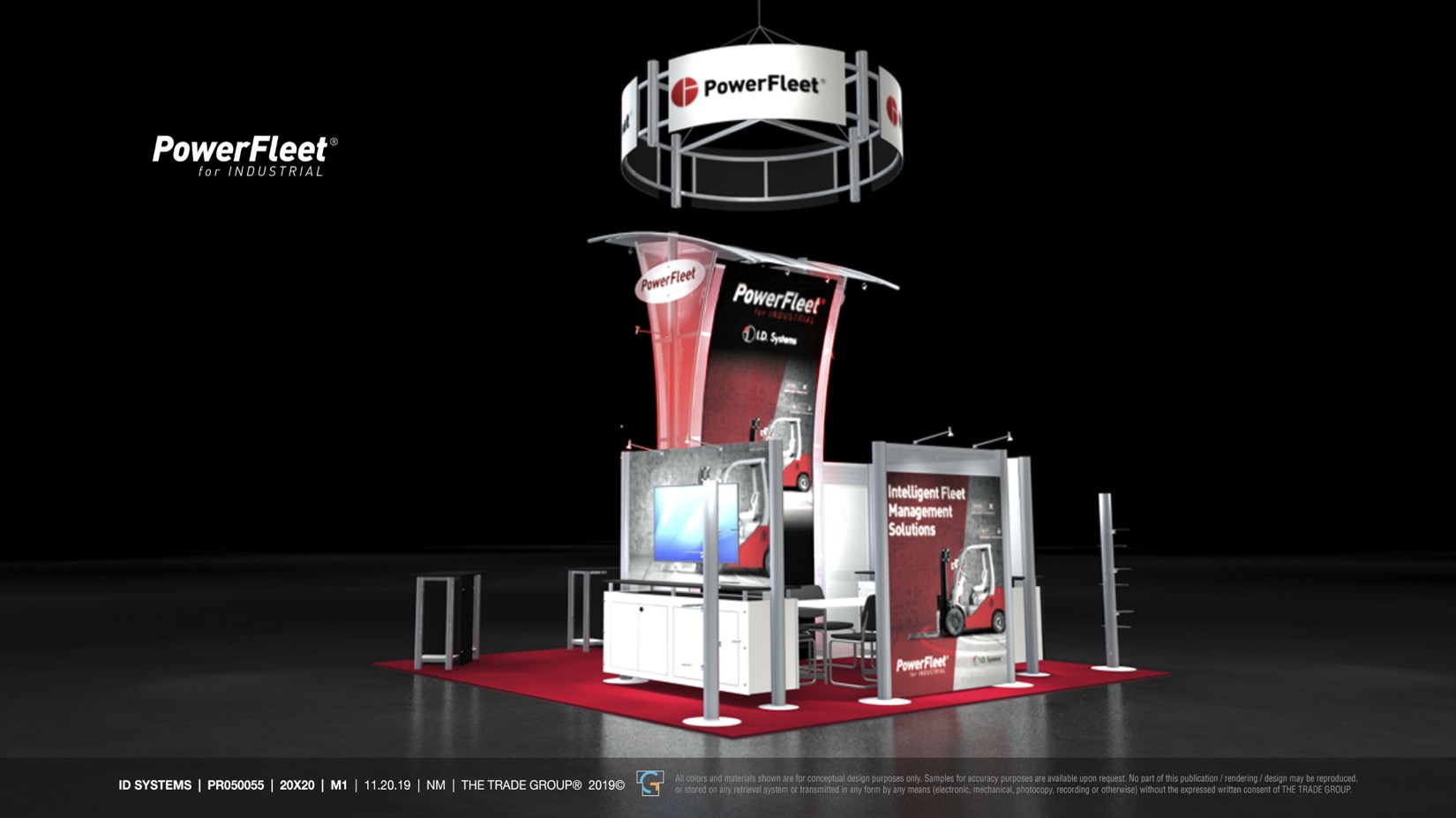 Rendering of the 20x20 PowerFleet Industrial trade show booth, November 2019