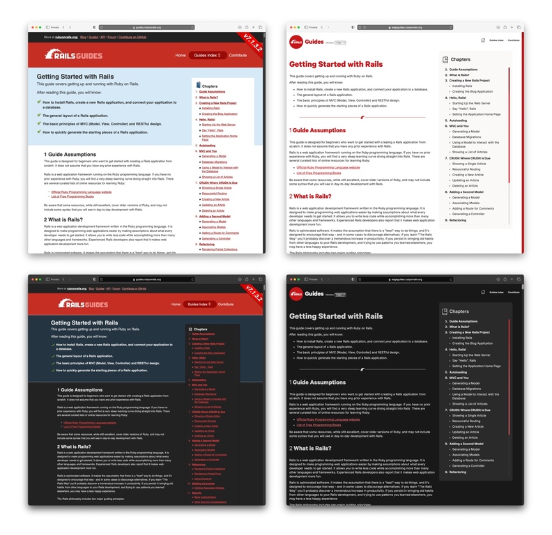 Rails Guides before and after the redesign, in light and dark mode